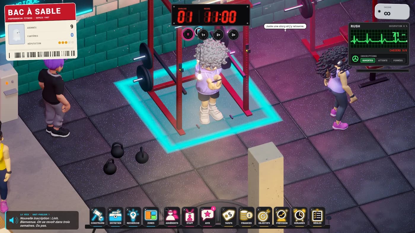 La Cave : un membre dans la cage à squat, la zone de placement en cyan.