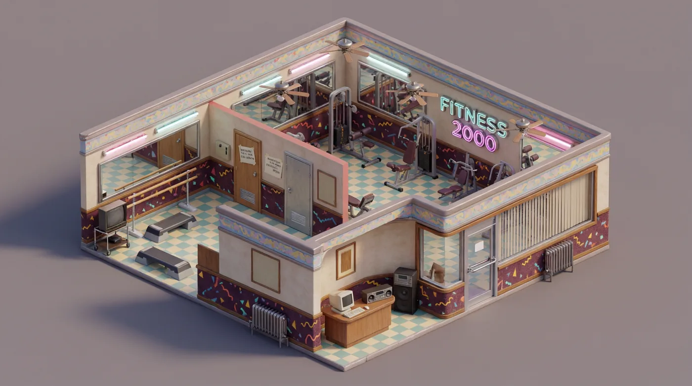 Concept de la salle Fitness 2000 : moquette Memphis, miroirs, machines et néon.