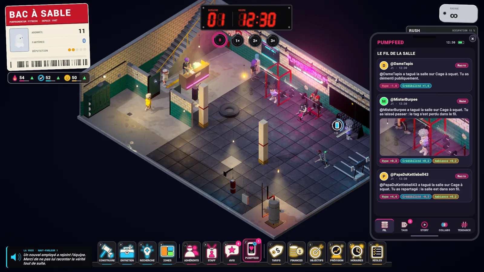 Game screenshot: the gym and the Pumpfeed phone showing the gym's feed.